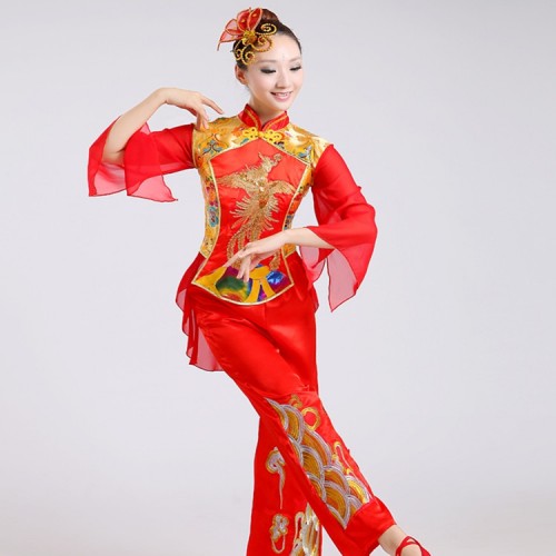 Women's chinese folk dance costumes red dragon drummer yangko fan performance competition dancing costumes